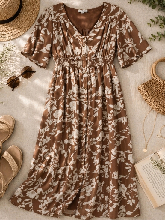 Polagram Dresses & Skirts - POLAGRAM Brown White Floral S Sleeve Cottage Polyester Maxi Dress. Ladies Small
